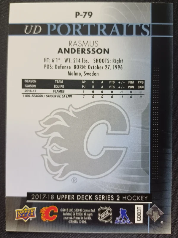 2017/2018 Upper Deck Series 2 Portraits P-79 Rasmus Andersson Inzert - Image 2