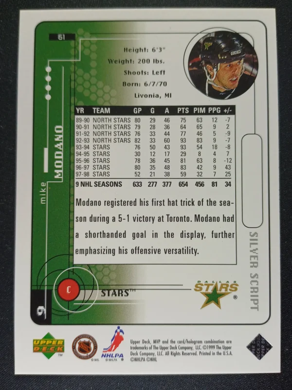 1998/1999 Upper Deck MVP Silver Script 61 Mike Modano Paralel - Image 2