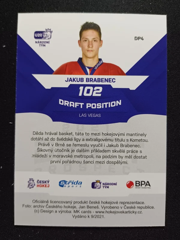 2021/2022 Moje Kartičky Reprezentace Draft Prospect DP4 Jakub Brabenec Inzert /100 - Image 2