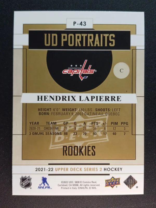 2021/2022 Upper Deck Series 2 Portraits P-43 Hendrix Lapierre Inzert - Image 2