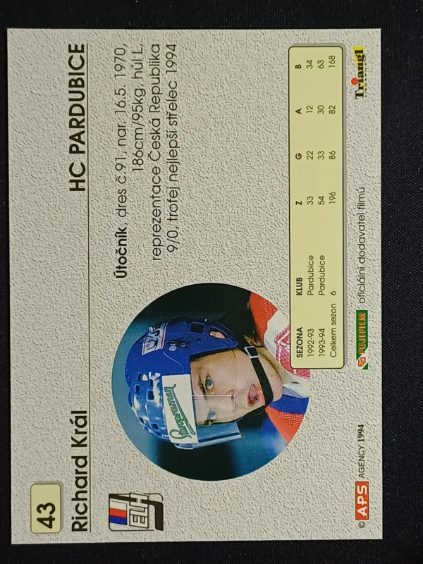 1994/1995 APS Cards Base 43 Richard Král - Image 2