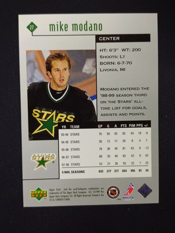 1998/1999 Upper Deck Black Diamond Base 27 Mike Modano - Image 2