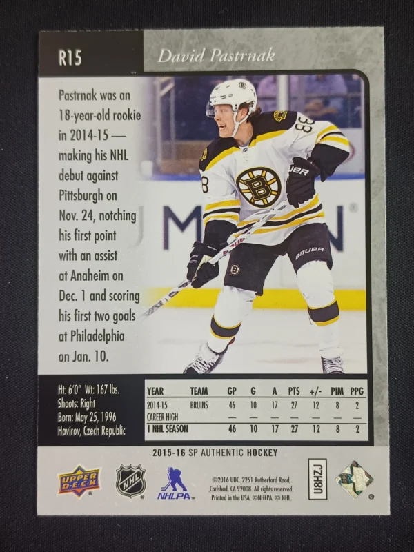 2015/2016 Upper Deck SP Authentic SP Retro R15 David Pastrnak Inzert - Image 2