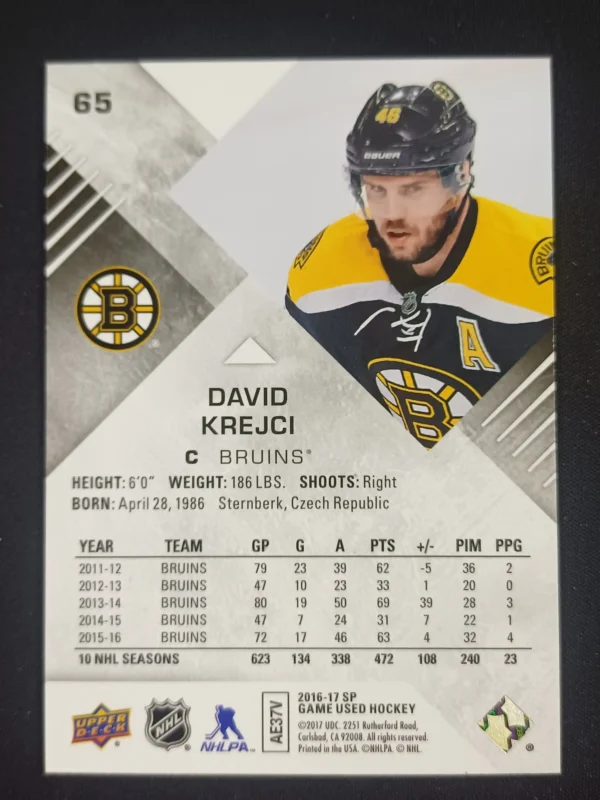 2016/2017 Upper Deck SPGU Purple 65 David Krejci Paralel - Image 2