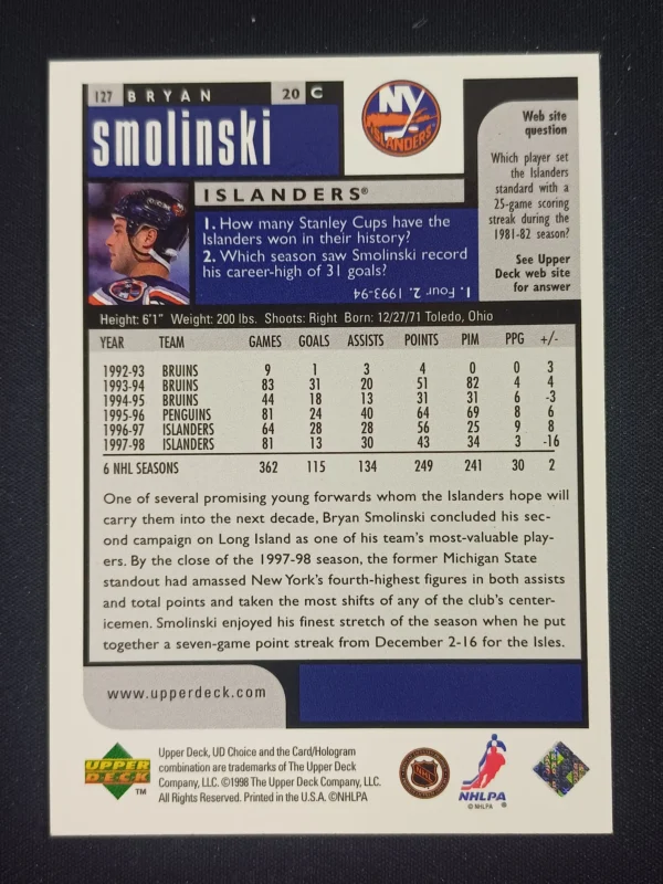 1998/1999 Upper Deck UD Choice Choice Reserve 127 Bryan Smolinski Paralel - Image 2