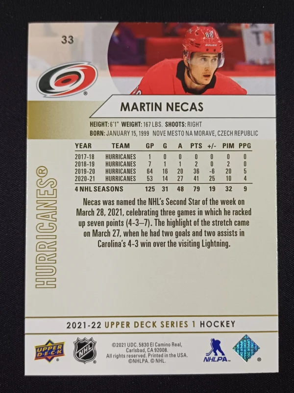 2021/2022 Upper Deck Series 1 Silver Foil 33 Martin Necas Paralel - Image 2